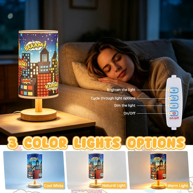 Alt view image 5 of 7 - City Table Lamp for Kids Bedroom, 3-Way Dimmable Bedside Lamp with Wooden Base and Fabric Shade, Comic Book Night Light for Boys Room Decor, Cartoon Skyline Lamp for Nursery Playroom