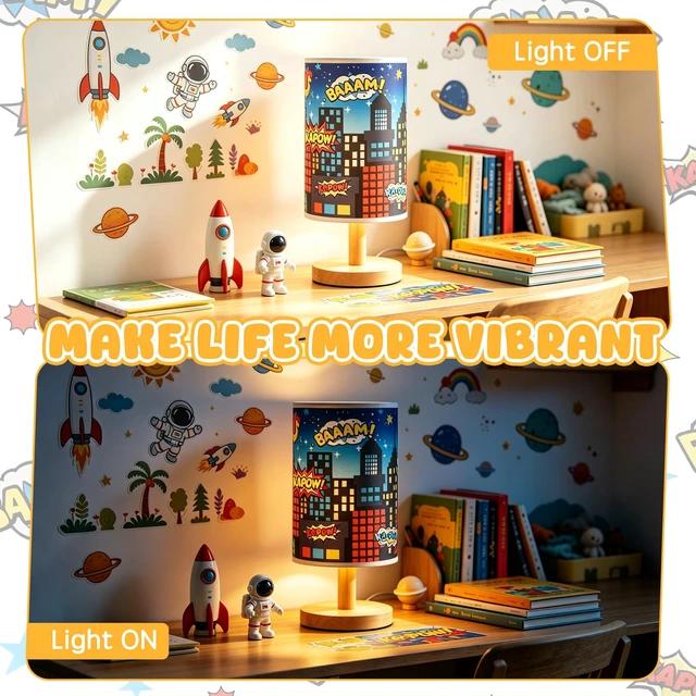 Alt view image 6 of 7 - City Table Lamp for Kids Bedroom, 3-Way Dimmable Bedside Lamp with Wooden Base and Fabric Shade, Comic Book Night Light for Boys Room Decor, Cartoon Skyline Lamp for Nursery Playroom