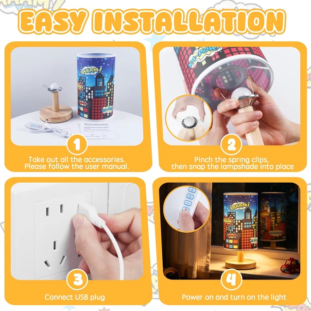 Alt view image 7 of 7 - City Table Lamp for Kids Bedroom, 3-Way Dimmable Bedside Lamp with Wooden Base and Fabric Shade, Comic Book Night Light for Boys Room Decor, Cartoon Skyline Lamp for Nursery Playroom