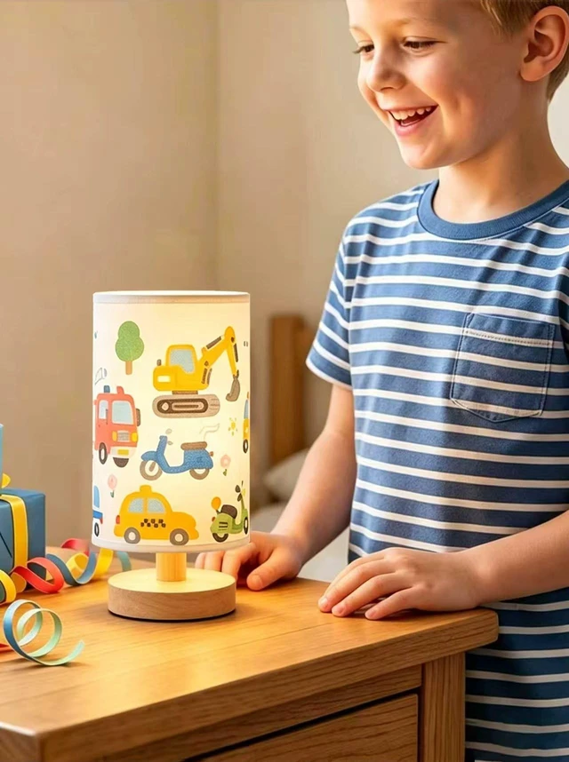 Alt view image 3 of 6 - Kids Lamps for Bedrooms Boys, Car Lamp,3 Level Dimmable Wood Nightstand Desk Base Flaxen Fabric Shade for Bedroom Living Room,Car Gifts for Boys (car)