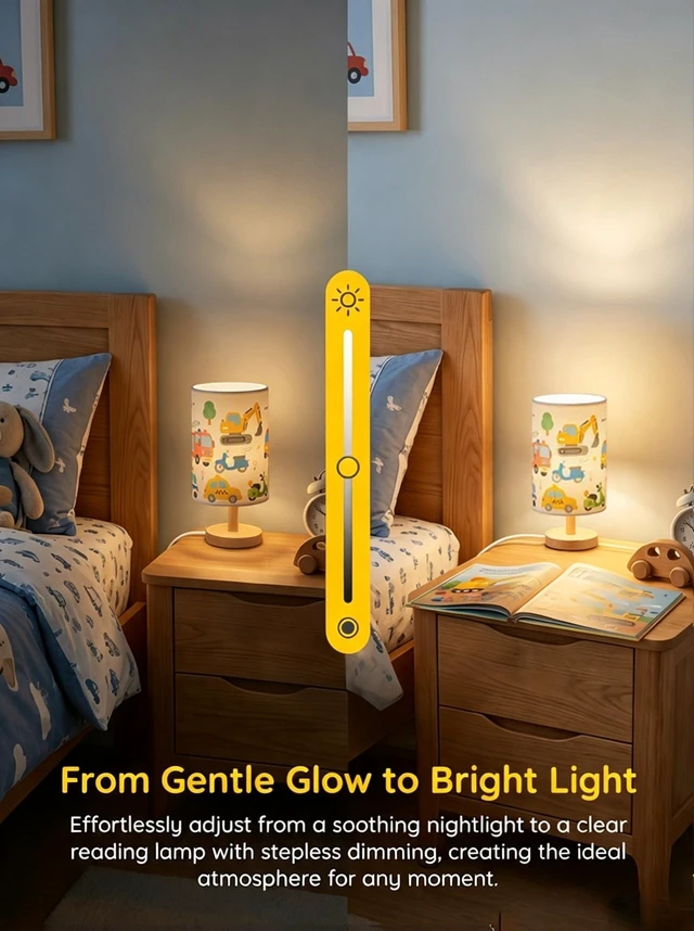 Alt view image 5 of 6 - Kids Lamps for Bedrooms Boys, Car Lamp,3 Level Dimmable Wood Nightstand Desk Base Flaxen Fabric Shade for Bedroom Living Room,Car Gifts for Boys (car)