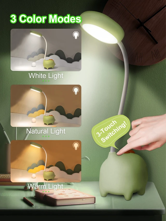Alt view image 5 of 7 - LED Desk Lamp, Dinosaur Night Light for Kids, Cute Bedside Reading Light | Touch Control, 3 Color Modes, Adjustable Gooseneck, Nursery Room Decor Small Lights, Funny Gifts for Boys Girls Teens