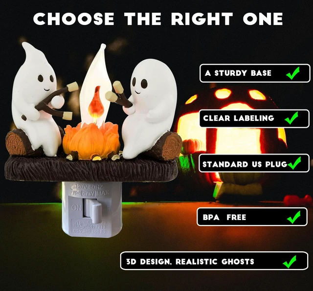 Alt view image 3 of 6 - Ghost Campfire Nightlight, Ghosts Roasting Marshmallows | Plug-in Cute Spooky Ghost Figurine Lamp, Halloween Decor for Bedroom Hallway Bathroom,Seasonal Holiday Gift for Kids & Adults