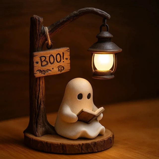 Main image of Halloween Ghost Figurine Statue Cute Ghost Reading Book Lamp Designs 3D Unique Night Light Gifts Tabletop Ornament Decoration Cartoon Resin Sculpture for Holiday Decor Supplies