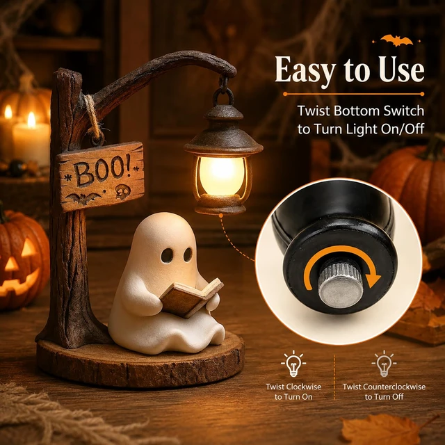 Alt view image 2 of 5 - Halloween Ghost Figurine Statue Cute Ghost Reading Book Lamp Designs 3D Unique Night Light Gifts Tabletop Ornament Decoration Cartoon Resin Sculpture for Holiday Decor Supplies