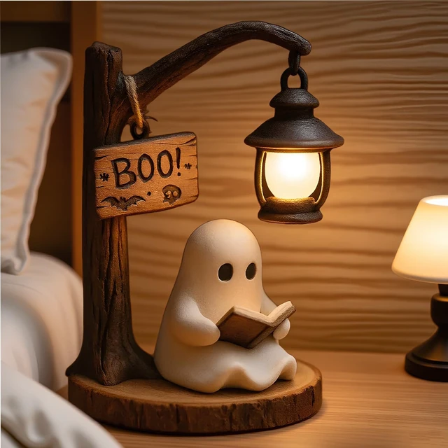 Alt view image 3 of 5 - Halloween Ghost Figurine Statue Cute Ghost Reading Book Lamp Designs 3D Unique Night Light Gifts Tabletop Ornament Decoration Cartoon Resin Sculpture for Holiday Decor Supplies