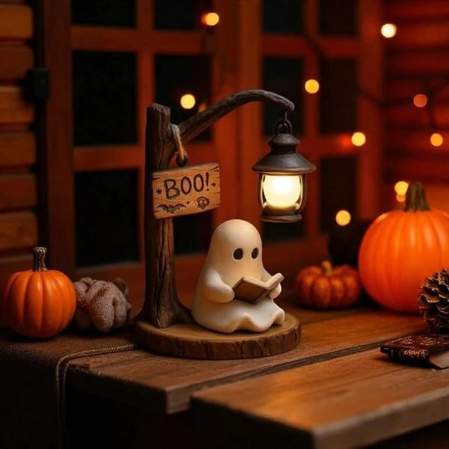 Alt view image 4 of 5 - Halloween Ghost Figurine Statue Cute Ghost Reading Book Lamp Designs 3D Unique Night Light Gifts Tabletop Ornament Decoration Cartoon Resin Sculpture for Holiday Decor Supplies