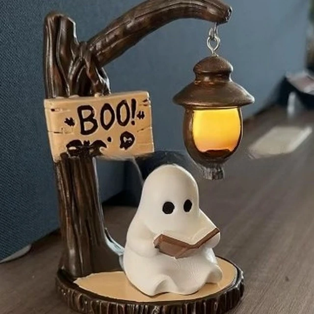 Alt view image 5 of 5 - Halloween Ghost Figurine Statue Cute Ghost Reading Book Lamp Designs 3D Unique Night Light Gifts Tabletop Ornament Decoration Cartoon Resin Sculpture for Holiday Decor Supplies