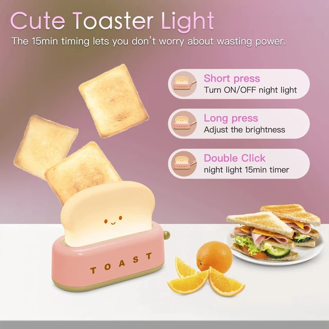 Alt view image 2 of 6 - Desk Decor Cute Pink Toast Lamp Small Desk Lamp Night Light for Kids | Rechargeable with Smile Face Kawaii Decor for Bedroom, Table, Bedside, Desk Gifts for Kids and Adults