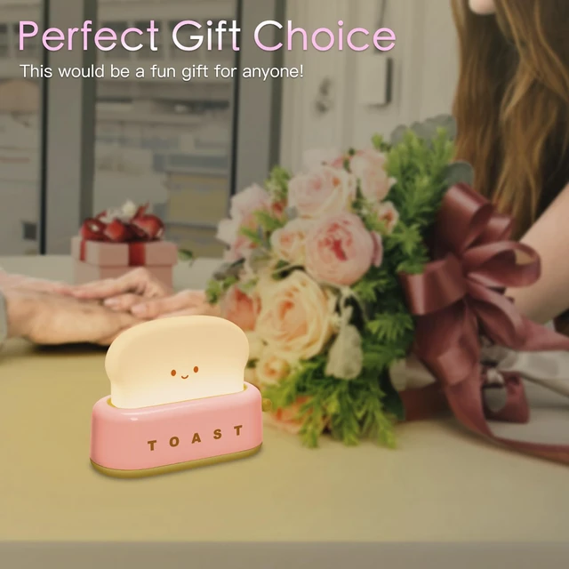Alt view image 6 of 6 - Desk Decor Cute Pink Toast Lamp Small Desk Lamp Night Light for Kids | Rechargeable with Smile Face Kawaii Decor for Bedroom, Table, Bedside, Desk Gifts for Kids and Adults