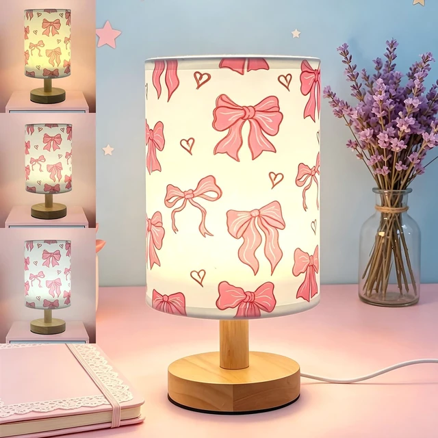 Main image of Pink Bow Lamp,Kids Table Lamps for Bedroom Nightstand Night Light | 3 Colors Stepless Dimmable LED Bedside Lamp,Linen Cartoon Lampshade Desk Lamp for Home Living Room Girls Boys Room Bows Decor