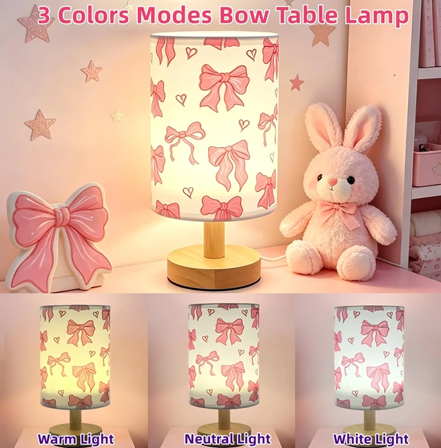 Alt view image 2 of 7 - Pink Bow Lamp,Kids Table Lamps for Bedroom Nightstand Night Light | 3 Colors Stepless Dimmable LED Bedside Lamp,Linen Cartoon Lampshade Desk Lamp for Home Living Room Girls Boys Room Bows Decor
