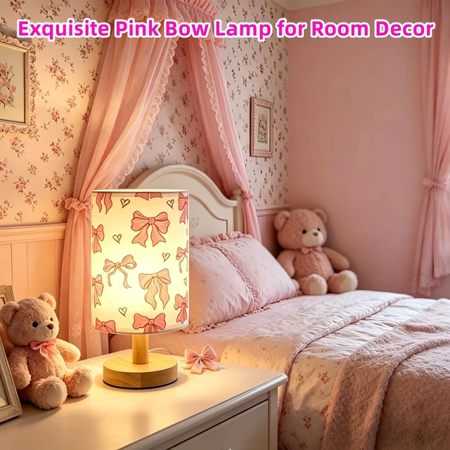 Alt view image 5 of 7 - Pink Bow Lamp,Kids Table Lamps for Bedroom Nightstand Night Light | 3 Colors Stepless Dimmable LED Bedside Lamp,Linen Cartoon Lampshade Desk Lamp for Home Living Room Girls Boys Room Bows Decor