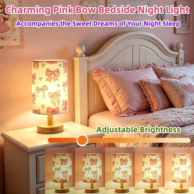 Alt view image 3 of 7 - Pink Bow Lamp,Kids Table Lamps for Bedroom Nightstand Night Light | 3 Colors Stepless Dimmable LED Bedside Lamp,Linen Cartoon Lampshade Desk Lamp for Home Living Room Girls Boys Room Bows Decor