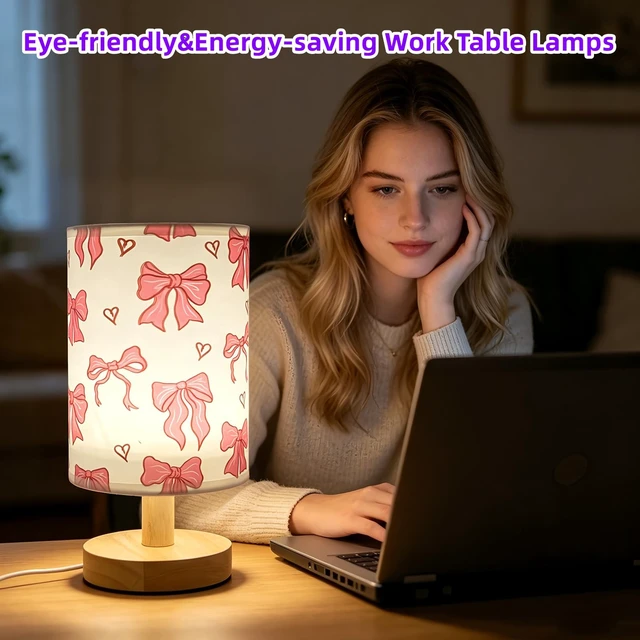 Alt view image 6 of 7 - Pink Bow Lamp,Kids Table Lamps for Bedroom Nightstand Night Light | 3 Colors Stepless Dimmable LED Bedside Lamp,Linen Cartoon Lampshade Desk Lamp for Home Living Room Girls Boys Room Bows Decor