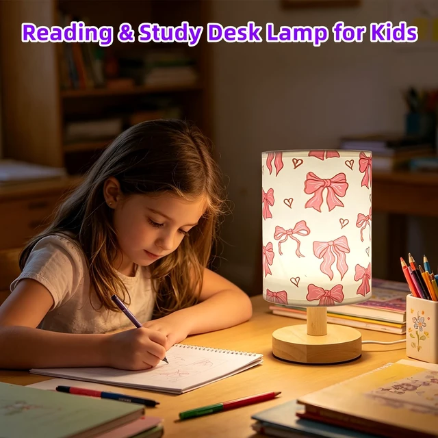 Alt view image 4 of 7 - Pink Bow Lamp,Kids Table Lamps for Bedroom Nightstand Night Light | 3 Colors Stepless Dimmable LED Bedside Lamp,Linen Cartoon Lampshade Desk Lamp for Home Living Room Girls Boys Room Bows Decor