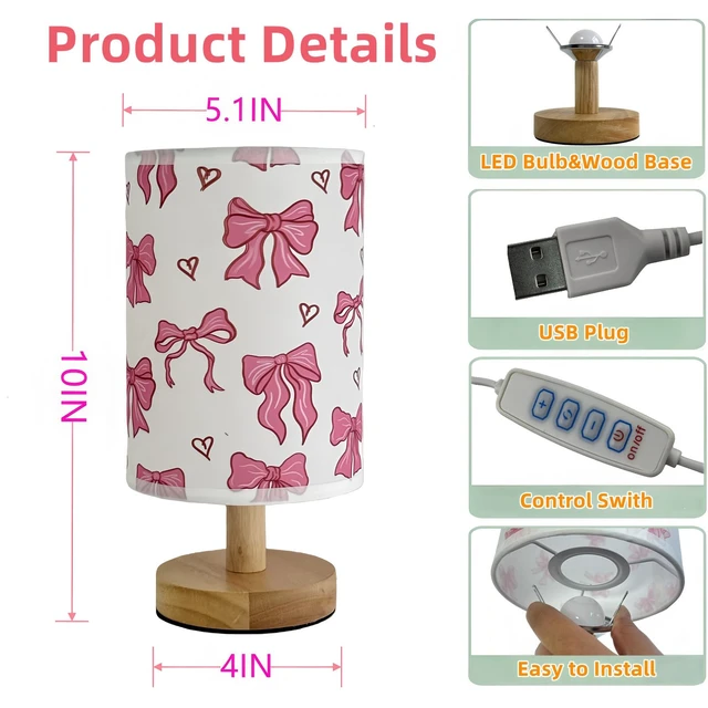 Alt view image 7 of 7 - Pink Bow Lamp,Kids Table Lamps for Bedroom Nightstand Night Light | 3 Colors Stepless Dimmable LED Bedside Lamp,Linen Cartoon Lampshade Desk Lamp for Home Living Room Girls Boys Room Bows Decor