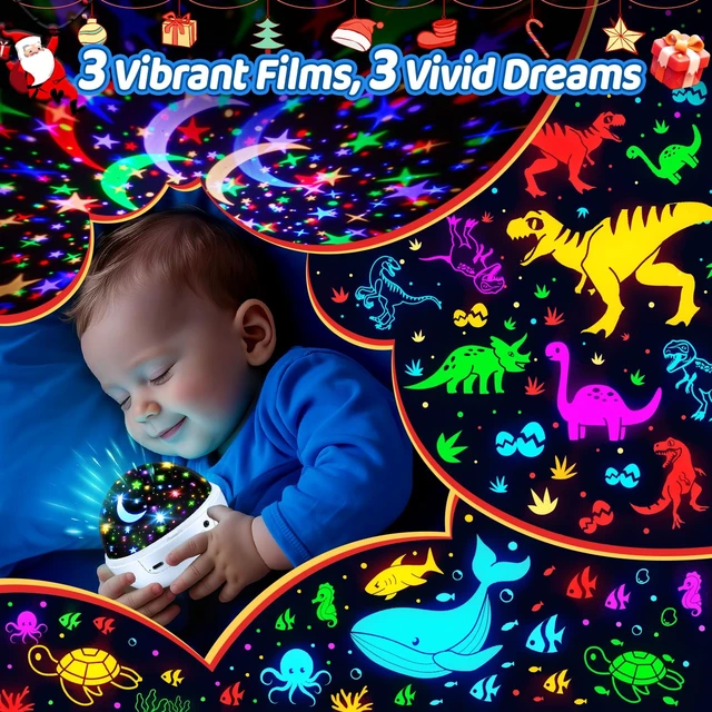 Alt view image 2 of 7 - Boy Room Decor, 93 Lighting+3 Films Toddler Room Decor, Remote+Dimmable+360° Slient Nightlight for Baby Nursery, Starry Night Light Up Toys, Moon Projector (White)