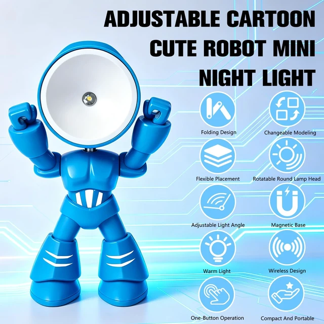 Alt view image 2 of 7 - Mini Night Light, Posable Cartoon Cute Robot Companion Table Light, Bedside Reading Table Lamp for Desk Decor, Bedroom, Office (Black)
