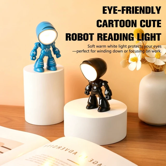 Alt view image 3 of 7 - Mini Night Light, Posable Cartoon Cute Robot Companion Table Light, Bedside Reading Table Lamp for Desk Decor, Bedroom, Office (Black)