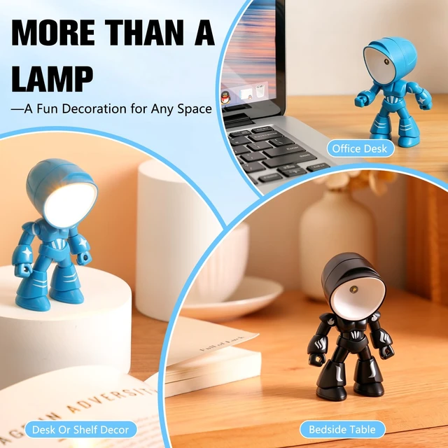 Alt view image 6 of 7 - Mini Night Light, Posable Cartoon Cute Robot Companion Table Light, Bedside Reading Table Lamp for Desk Decor, Bedroom, Office (Black)