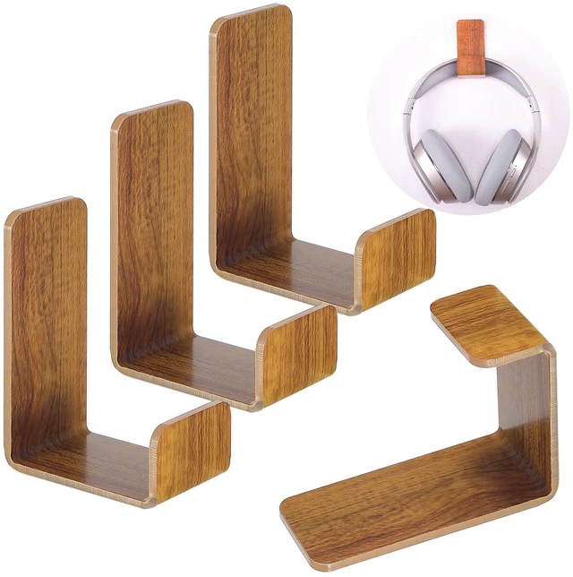 Main image of 4 Pieces Headphone Hanger Headset Stand Holder, Wood Grain Color | Adhesive Wall Mount Headphone Hook under Desk Acrylic Gaming Earphones Hanger for Earphone Controller