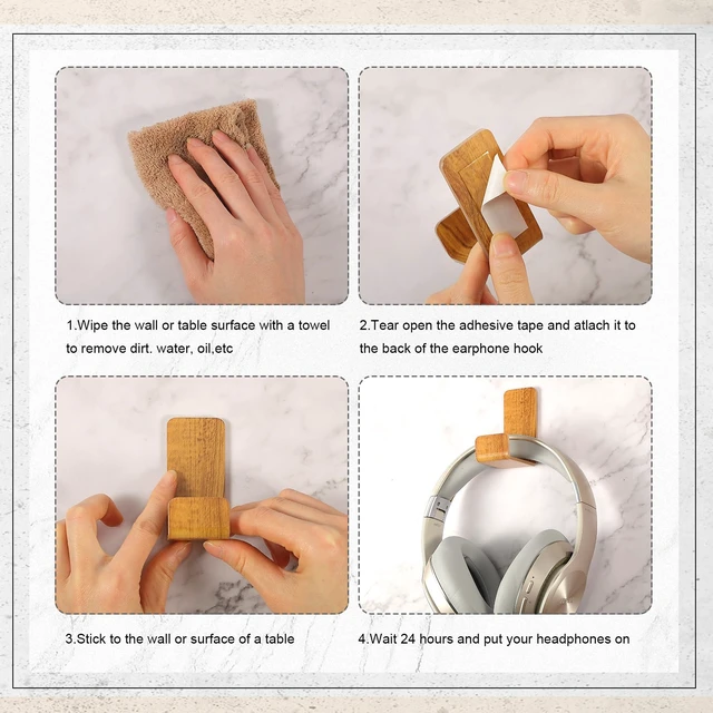 Alt view image 4 of 6 - 4 Pieces Headphone Hanger Headset Stand Holder, Wood Grain Color | Adhesive Wall Mount Headphone Hook under Desk Acrylic Gaming Earphones Hanger for Earphone Controller