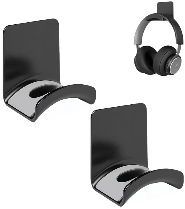 Main image of 2 Pack Plastic Headphone Stand Hanger, Table Wall Mount Headset Holder Hook, Adhesive Earphones Hangers for Desk Headphone Hanger, Most Headphones and Controller (Black)