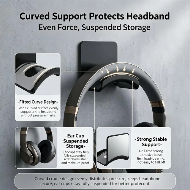Alt view image 3 of 7 - 2 Pack Plastic Headphone Stand Hanger, Table Wall Mount Headset Holder Hook, Adhesive Earphones Hangers for Desk Headphone Hanger, Most Headphones and Controller (Black)