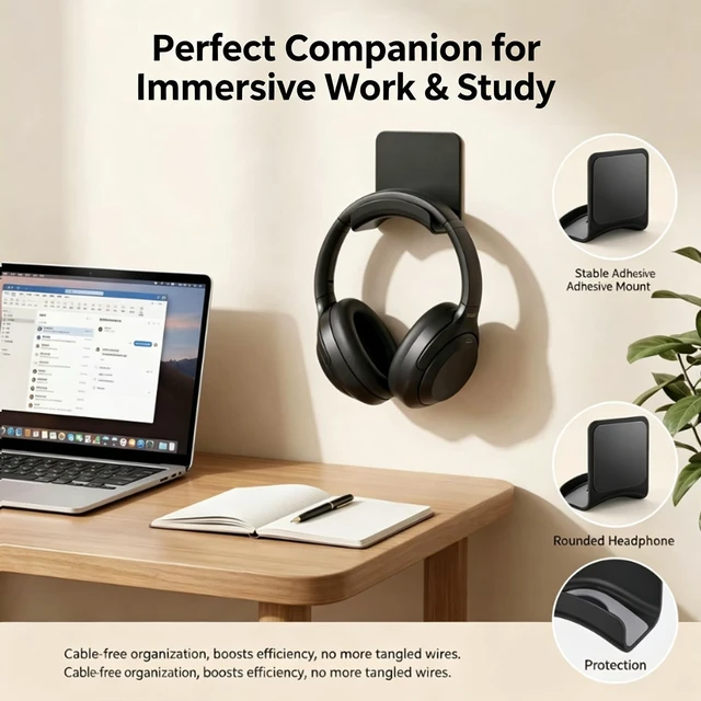 Alt view image 2 of 7 - 2 Pack Plastic Headphone Stand Hanger, Table Wall Mount Headset Holder Hook, Adhesive Earphones Hangers for Desk Headphone Hanger, Most Headphones and Controller (Black)