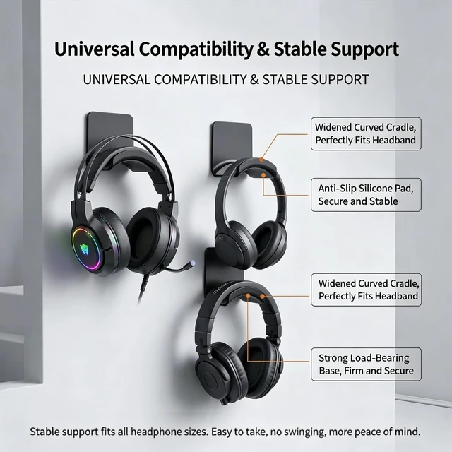 Alt view image 5 of 7 - 2 Pack Plastic Headphone Stand Hanger, Table Wall Mount Headset Holder Hook, Adhesive Earphones Hangers for Desk Headphone Hanger, Most Headphones and Controller (Black)