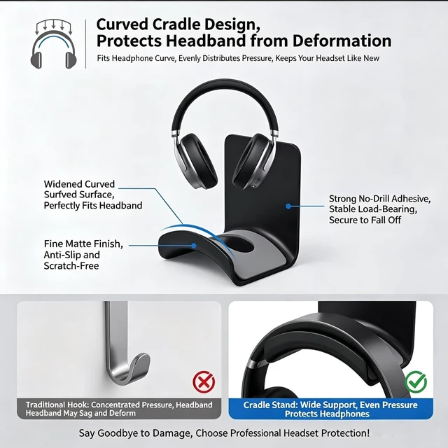 Alt view image 6 of 7 - 2 Pack Plastic Headphone Stand Hanger, Table Wall Mount Headset Holder Hook, Adhesive Earphones Hangers for Desk Headphone Hanger, Most Headphones and Controller (Black)