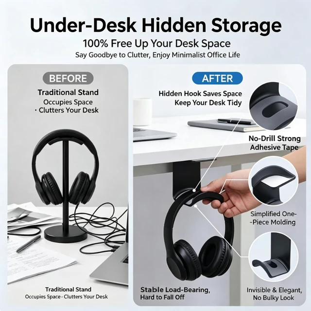 Alt view image 4 of 7 - 2 Pack Plastic Headphone Stand Hanger, Table Wall Mount Headset Holder Hook, Adhesive Earphones Hangers for Desk Headphone Hanger, Most Headphones and Controller (Black)
