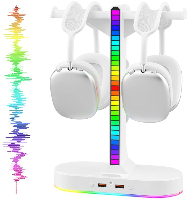 Main image of Dual Headphones Stand with Charger for Men, Headset Holder Stand for Desk | White RGB Headphone Stand with 3 USB Charging Ports, 8 Light Modes, Cable Organizer, Gaming Accessories Gifts for Gamers Men