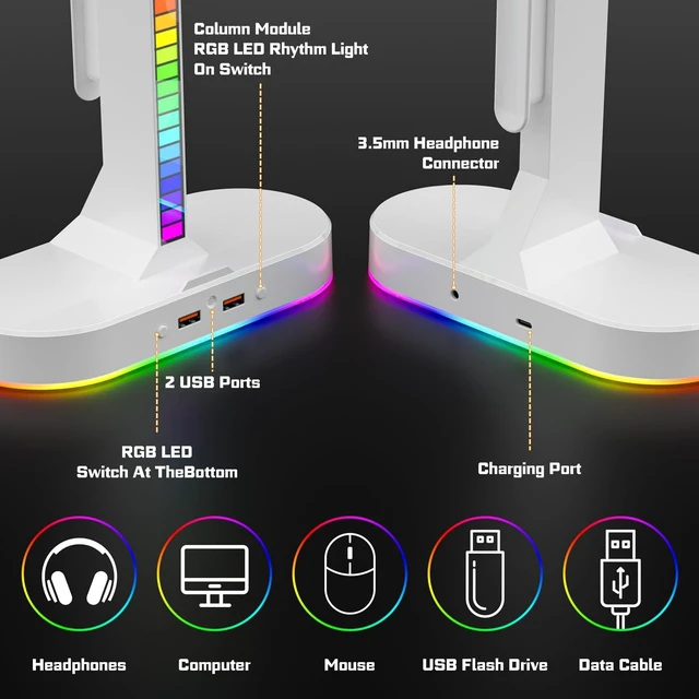 Alt view image 2 of 6 - Dual Headphones Stand with Charger for Men, Headset Holder Stand for Desk | White RGB Headphone Stand with 3 USB Charging Ports, 8 Light Modes, Cable Organizer, Gaming Accessories Gifts for Gamers Men