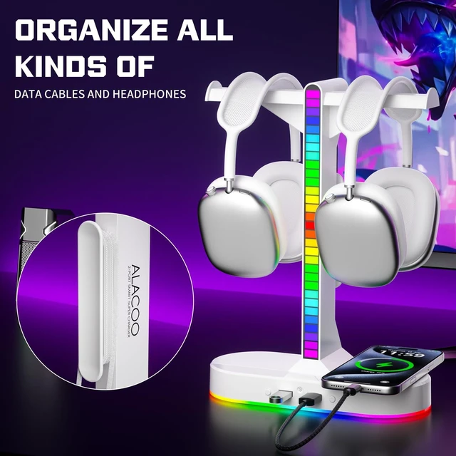 Alt view image 3 of 6 - Dual Headphones Stand with Charger for Men, Headset Holder Stand for Desk | White RGB Headphone Stand with 3 USB Charging Ports, 8 Light Modes, Cable Organizer, Gaming Accessories Gifts for Gamers Men