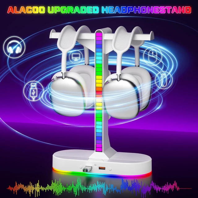 Alt view image 4 of 6 - Dual Headphones Stand with Charger for Men, Headset Holder Stand for Desk | White RGB Headphone Stand with 3 USB Charging Ports, 8 Light Modes, Cable Organizer, Gaming Accessories Gifts for Gamers Men