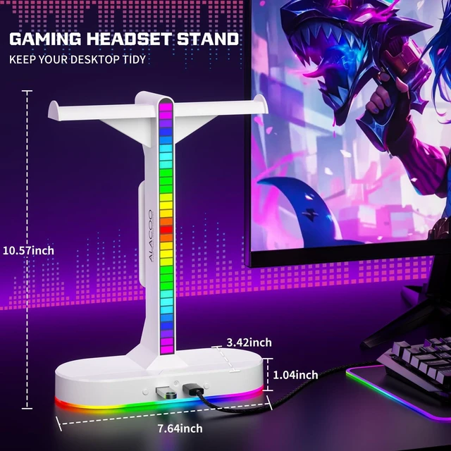 Alt view image 5 of 6 - Dual Headphones Stand with Charger for Men, Headset Holder Stand for Desk | White RGB Headphone Stand with 3 USB Charging Ports, 8 Light Modes, Cable Organizer, Gaming Accessories Gifts for Gamers Men