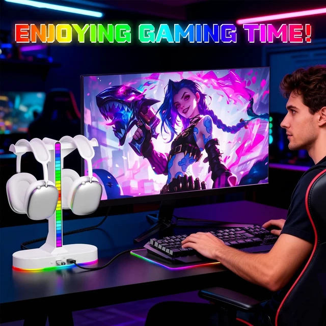 Alt view image 6 of 6 - Dual Headphones Stand with Charger for Men, Headset Holder Stand for Desk | White RGB Headphone Stand with 3 USB Charging Ports, 8 Light Modes, Cable Organizer, Gaming Accessories Gifts for Gamers Men
