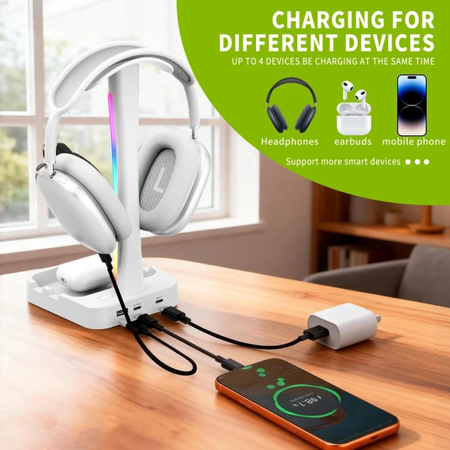 Alt view image 2 of 7 - Headphone Stand with Charger,Gaming Headset stand with RGB Light Mode,For Airpod Max Stand,Desk Lamp,Phone Holder,Tablet Holder,desktop organizer,Gifts for Gamers & Music Lover (White)