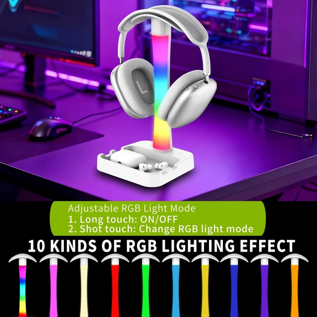 Alt view image 3 of 7 - Headphone Stand with Charger,Gaming Headset stand with RGB Light Mode,For Airpod Max Stand,Desk Lamp,Phone Holder,Tablet Holder,desktop organizer,Gifts for Gamers & Music Lover (White)