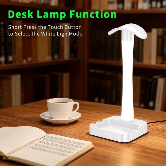 Alt view image 7 of 7 - Headphone Stand with Charger,Gaming Headset stand with RGB Light Mode,For Airpod Max Stand,Desk Lamp,Phone Holder,Tablet Holder,desktop organizer,Gifts for Gamers & Music Lover (White)