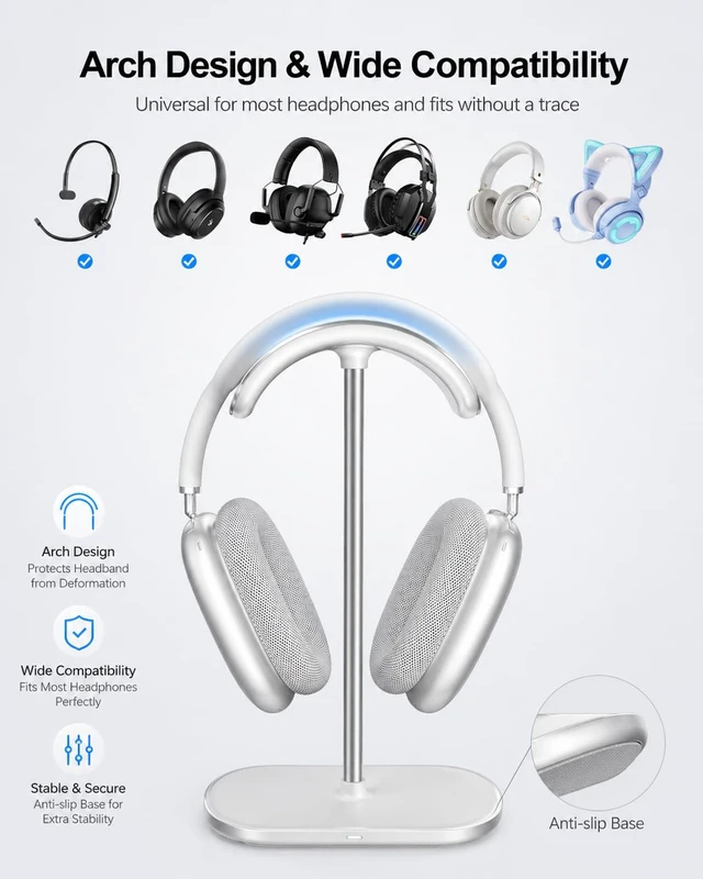Alt view image 2 of 7 - Headphone Stand with Wireless Charger,Holder for Airpods Max/iPhone/iWatch | Airpod Max Charging Stand Headset Holder for All Headphones,Aluminum Alloy Rod, PU Headrest,Desk Headphone Hanger Organizer