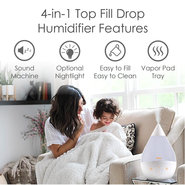 Alt view image 2 of 7 - 4-in-1 White Drop Ultrasonic Cool Mist Humidifier with Sound Machine, Night Light, Aroma Tray, 1 Gallon Top Fill White