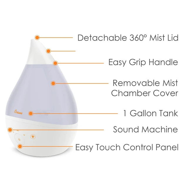 Alt view image 3 of 7 - 4-in-1 White Drop Ultrasonic Cool Mist Humidifier with Sound Machine, Night Light, Aroma Tray, 1 Gallon Top Fill White