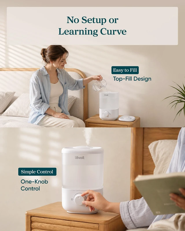 Alt view image 2 of 7 - Top Fill Humidifiers for Bedroom, 2.5L Tank for Large Room, 25dB | Easy to Fill & Clean, Quiet Cool Mist Air Humidifier for Home Baby Nursery & Plants, Auto Shut-off for Safety, 25H Lasting