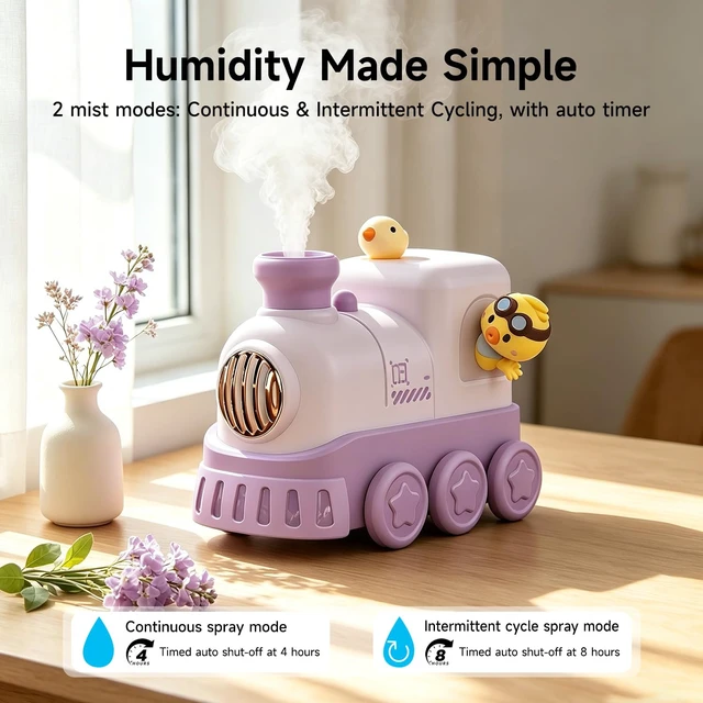 Alt view image 2 of 7 - Cute Train Humidifier, 300ml Portable USB Desktop, (Soft Purple) | Ultrasonic cool mist with warm white breathing night light. 2 mist modes & auto shut-off. Quiet for bedroom/office/nursery