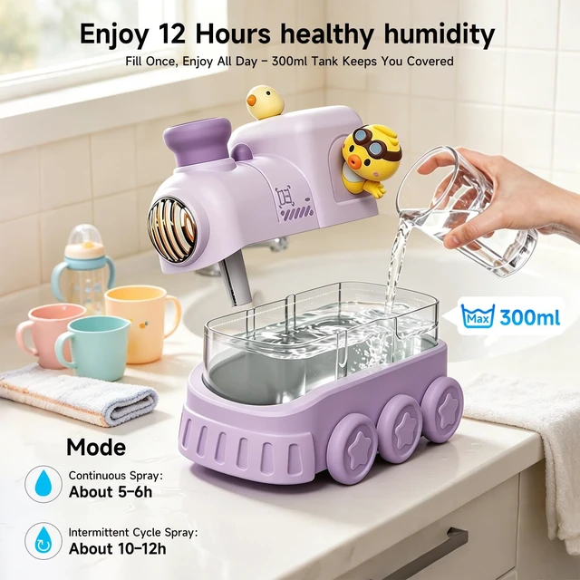 Alt view image 3 of 7 - Cute Train Humidifier, 300ml Portable USB Desktop, (Soft Purple) | Ultrasonic cool mist with warm white breathing night light. 2 mist modes & auto shut-off. Quiet for bedroom/office/nursery
