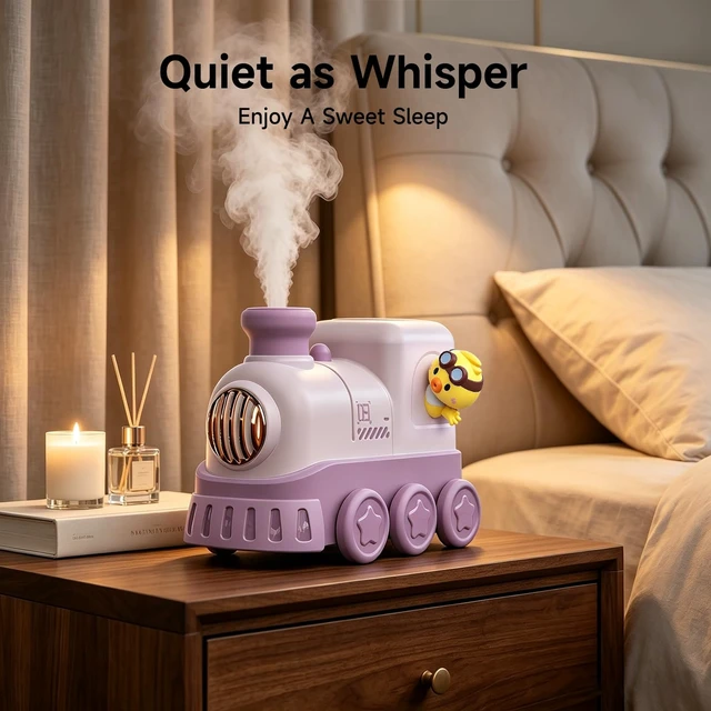 Alt view image 5 of 7 - Cute Train Humidifier, 300ml Portable USB Desktop, (Soft Purple) | Ultrasonic cool mist with warm white breathing night light. 2 mist modes & auto shut-off. Quiet for bedroom/office/nursery
