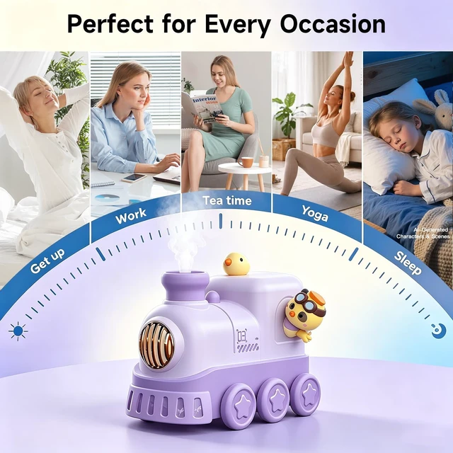 Alt view image 7 of 7 - Cute Train Humidifier, 300ml Portable USB Desktop, (Soft Purple) | Ultrasonic cool mist with warm white breathing night light. 2 mist modes & auto shut-off. Quiet for bedroom/office/nursery
